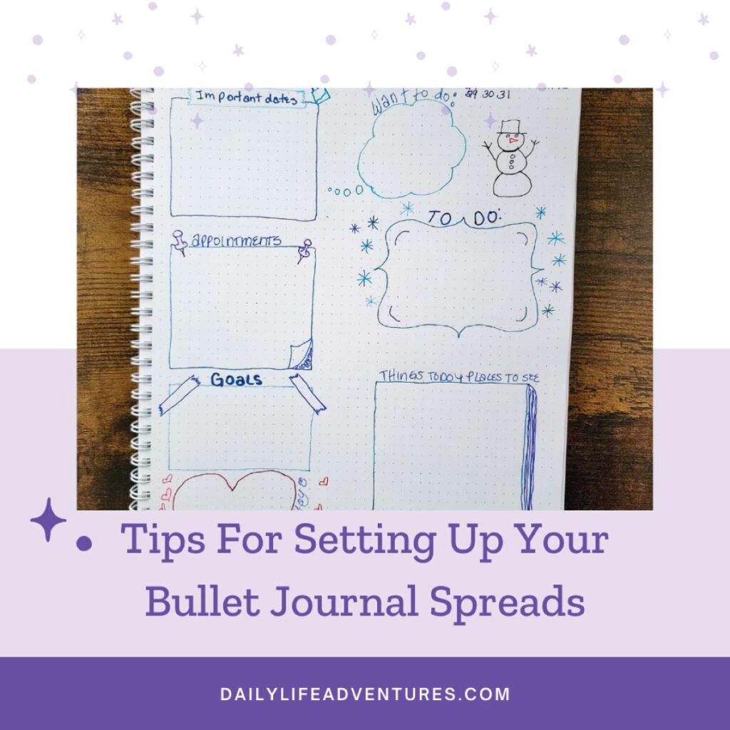 Tips for setting up your bullet journal spreads with an image of a month at a glance layout.