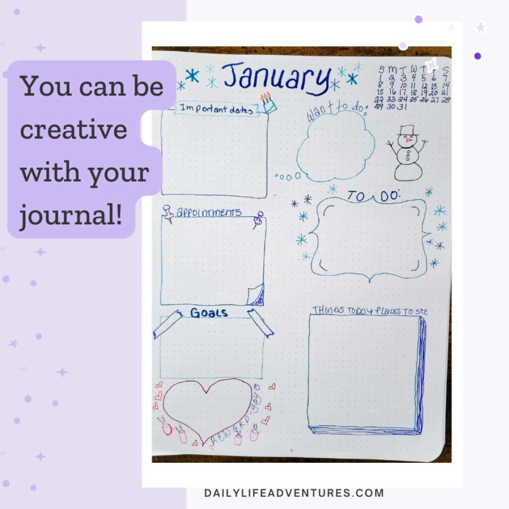 You can be creative with your bullet journal. A hand drawn month at a glance spread for January.