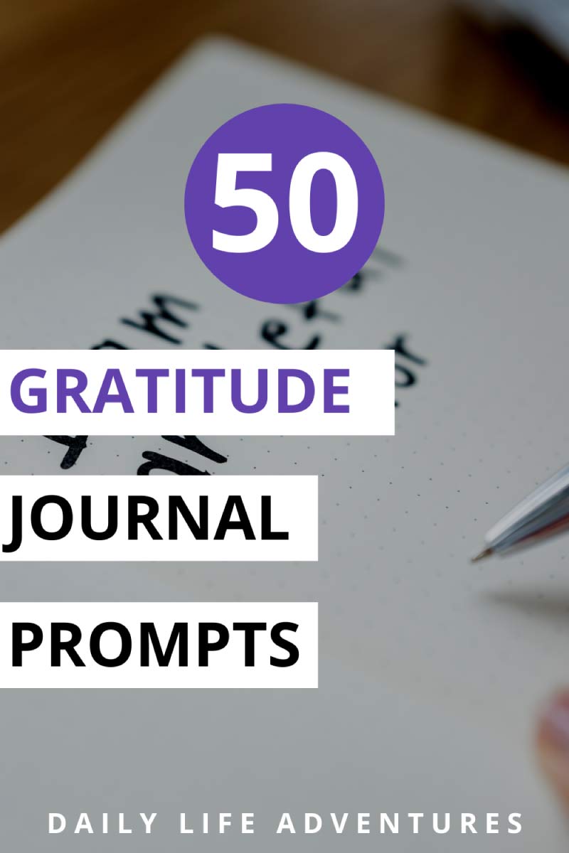 50 gratitude journal prompts Pinterest image. A journal open to a page that says I am grateful for at the top of the page.