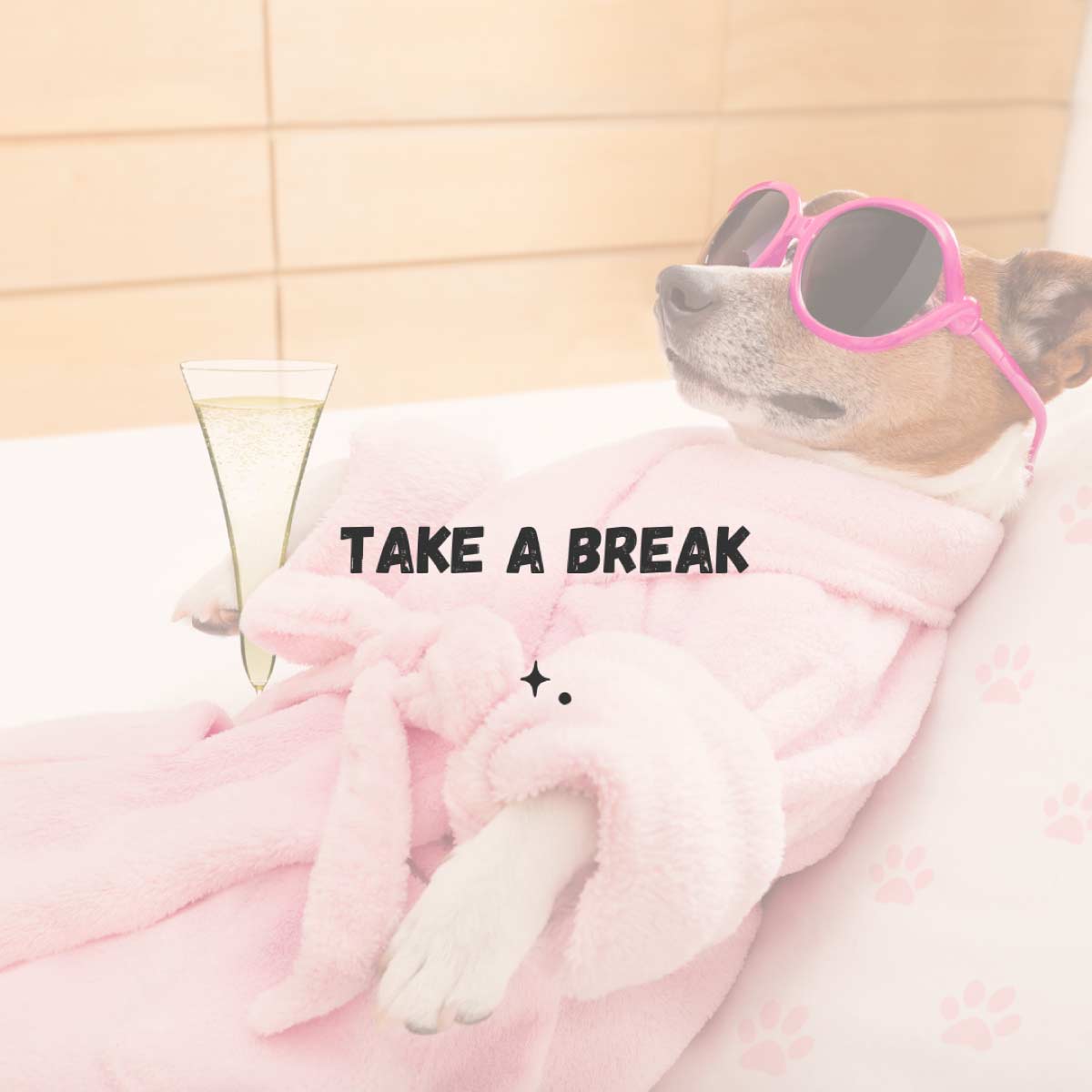 Take a break. A dog in a cozy bathrobe laying on their back with sunglasses on looking quite relaxed.